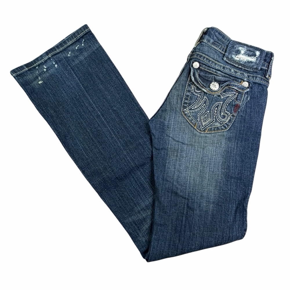 MEK Denim Dark Wash Low Rise Paint Splatter Quebec Boot Cut Jeans - Size 25/34 - Picture 2 of 15